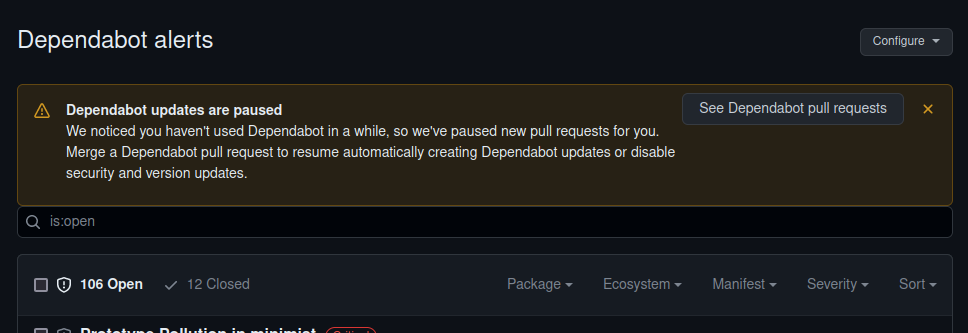 screenshot showing dependabot PRs are stopped and 106 total issues
