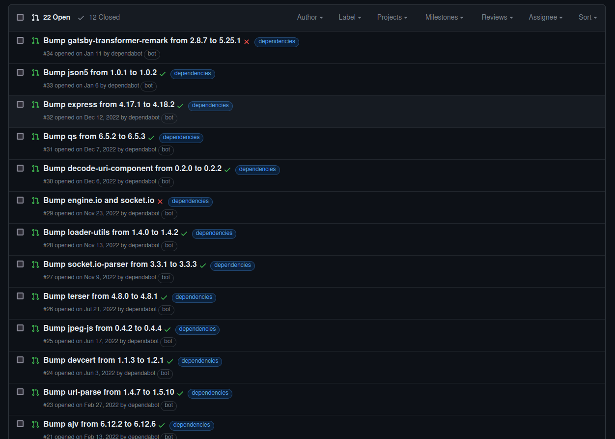 screenshot showing 22 PRs from dependabot